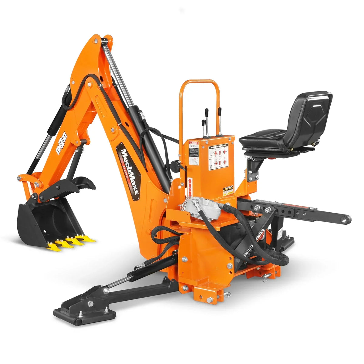 9' Tractor Backhoe Attachment with Mechanical Thumb,  15" Bucket,  ISO/SAE Switchable Controls,  Self-Contained Hydraulic System,  3 Point Hitch Cat.1 & 2,  25-100 HP,  BH860M