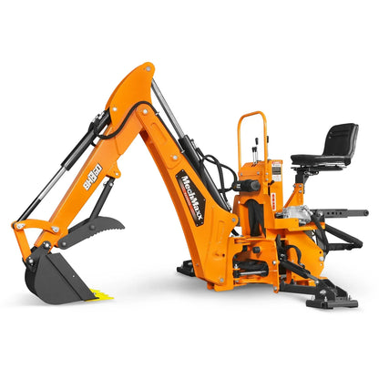 9' Tractor Backhoe Attachment with Mechanical Thumb,  15" Bucket,  ISO/SAE Switchable Controls,  Self-Contained Hydraulic System,  3 Point Hitch Cat.1 & 2,  25-100 HP,  BH860M
