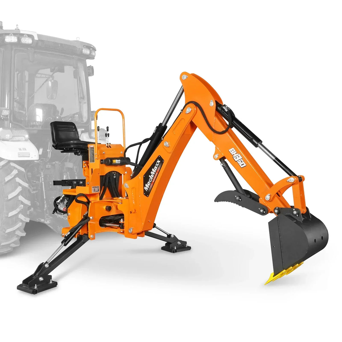 9' Tractor Backhoe Attachment with Mechanical Thumb,  15" Bucket,  ISO/SAE Switchable Controls,  Self-Contained Hydraulic System,  3 Point Hitch Cat.1 & 2,  25-100 HP,  BH860M