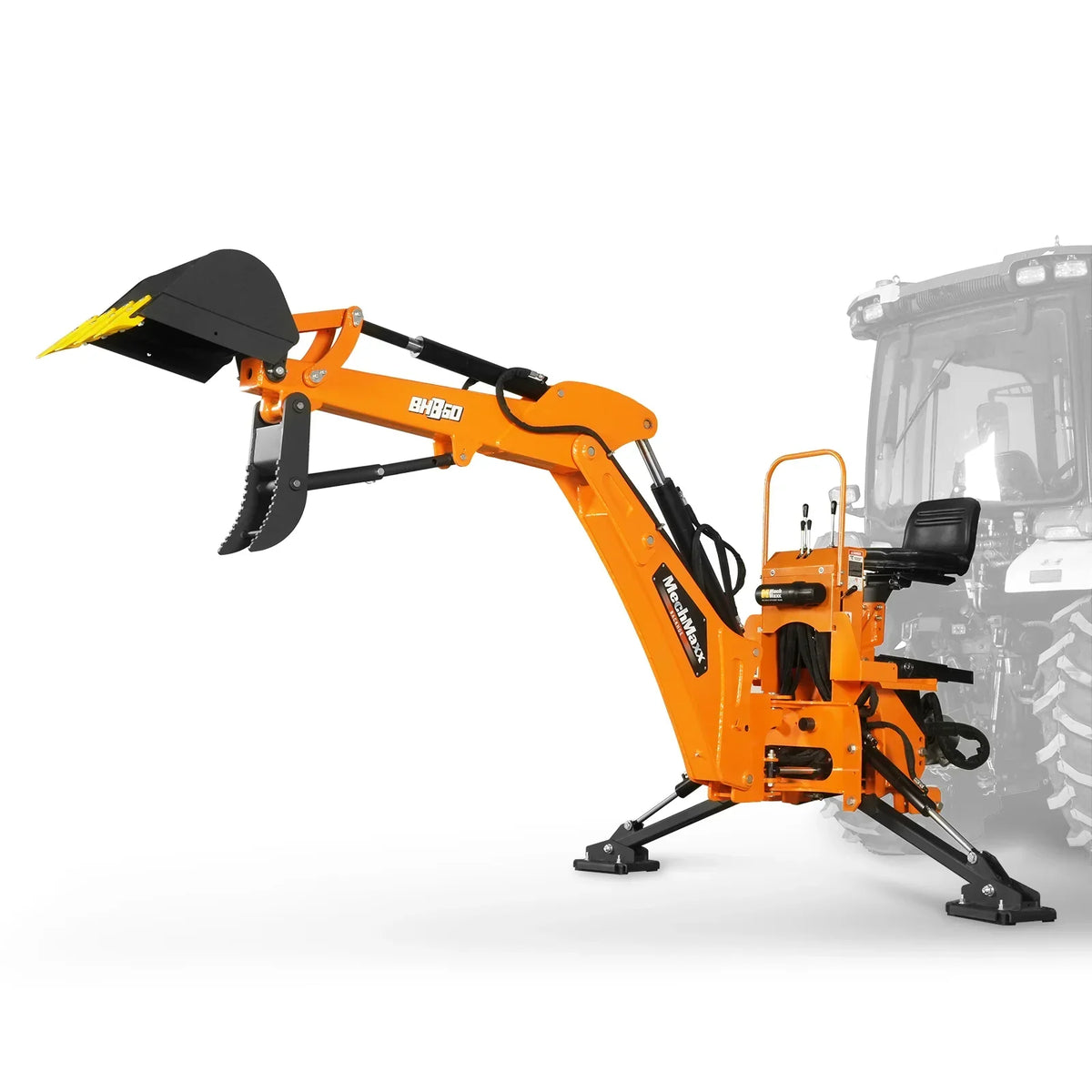 9' Tractor Backhoe Attachment with Mechanical Thumb,  15" Bucket,  ISO/SAE Switchable Controls,  Self-Contained Hydraulic System,  3 Point Hitch Cat.1 & 2,  25-100 HP,  BH860M