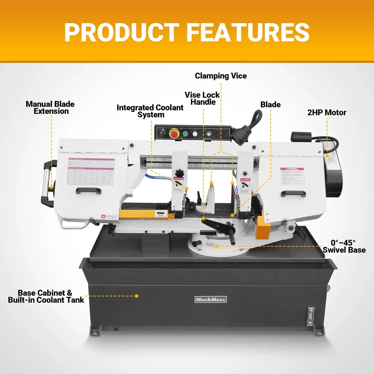MechMaxx Metal Cutting Band Saw 10 Inch Horizontal Bandsaw 2HP 220V 60Hz 1PH 0‑45° Mitering Hydraulic Down Feed Built‑in Coolant System for Steel Aluminum Alloy Metal Fabrication BS-1018R