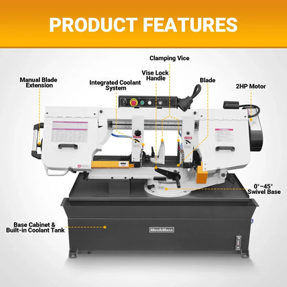 MechMaxx Metal Cutting Band Saw 10 Inch Horizontal Bandsaw 2HP 220V 60Hz 1PH 0‑45° Mitering Hydraulic Down Feed Built‑in Coolant System for Steel Aluminum Alloy Metal Fabrication BS-1018R