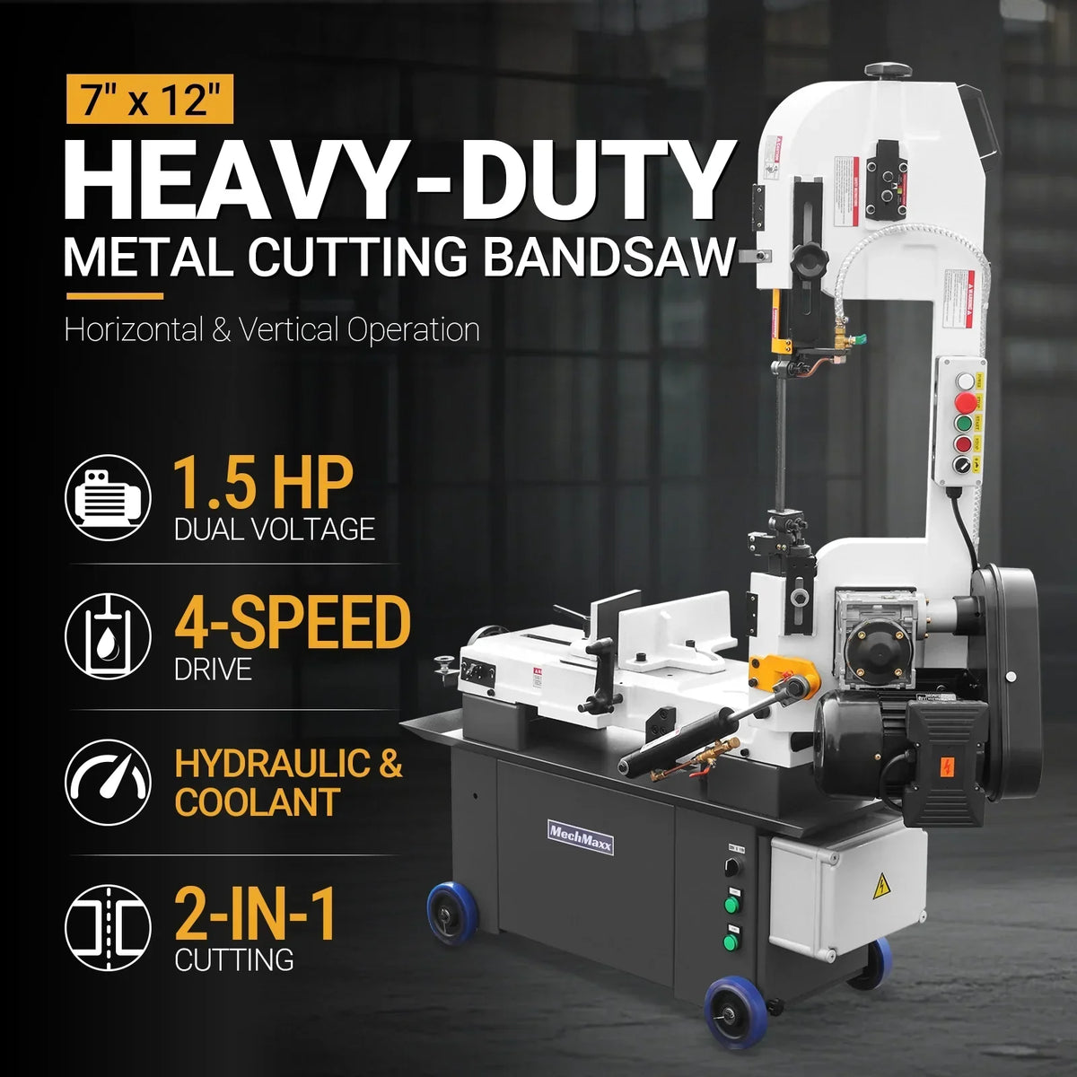 7" x 12" Metal Band Saw, 1.5 HP 115V/230V Dual Voltage 4-Speed Horizontal Vertical Bandsaw with Hydraulic Downfeed, Coolant System & Adjustable Angle Cutting for Steel, Aluminum, Pipe & Structural Metal BS-712N