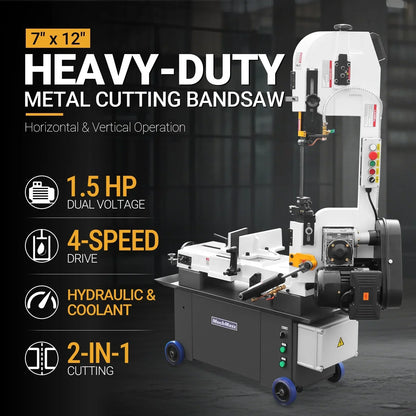 7" x 12" Metal Band Saw, 1.5 HP 115V/230V Dual Voltage 4-Speed Horizontal Vertical Bandsaw with Hydraulic Downfeed, Coolant System & Adjustable Angle Cutting for Steel, Aluminum, Pipe & Structural Metal BS-712N