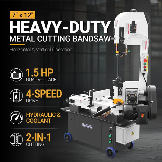 7" x 12" Metal Band Saw, 1.5 HP 115V/230V Dual Voltage 4-Speed Horizontal Vertical Bandsaw with Hydraulic Downfeed, Coolant System & Adjustable Angle Cutting for Steel, Aluminum, Pipe & Structural Metal BS-712N