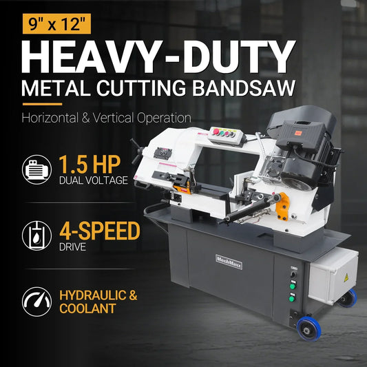 9 Inch Horizontal Metal Cutting Band Saw BS-912B, 4-Speed Adjustable, 1.5HP 115V/230V Dual Voltage Pre-Wired 115V, Hydraulic Feed, Coolant System, 0-45° Miter Cutting, Portable Metal Band Saw for Steel, Stainless Steel, Aluminum, Metal Fabrication BS-912B