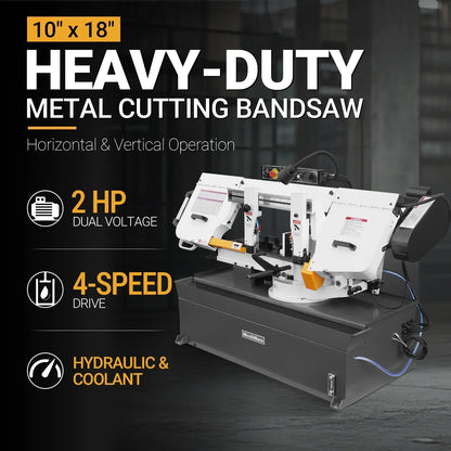 MechMaxx Metal Cutting Band Saw 10 Inch Horizontal Bandsaw 2HP 220V 60Hz 1PH 0‑45° Mitering Hydraulic Down Feed Built‑in Coolant System for Steel Aluminum Alloy Metal Fabrication BS-1018R