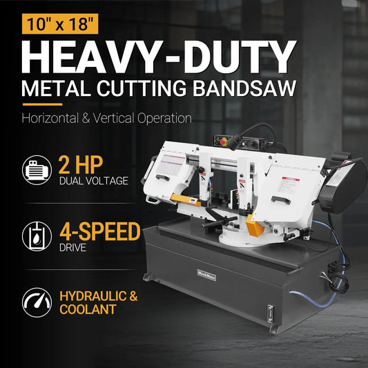 MechMaxx Metal Cutting Band Saw 10 Inch Horizontal Bandsaw 2HP 220V 60Hz 1PH 0‑45° Mitering Hydraulic Down Feed Built‑in Coolant System for Steel Aluminum Alloy Metal Fabrication BS-1018R