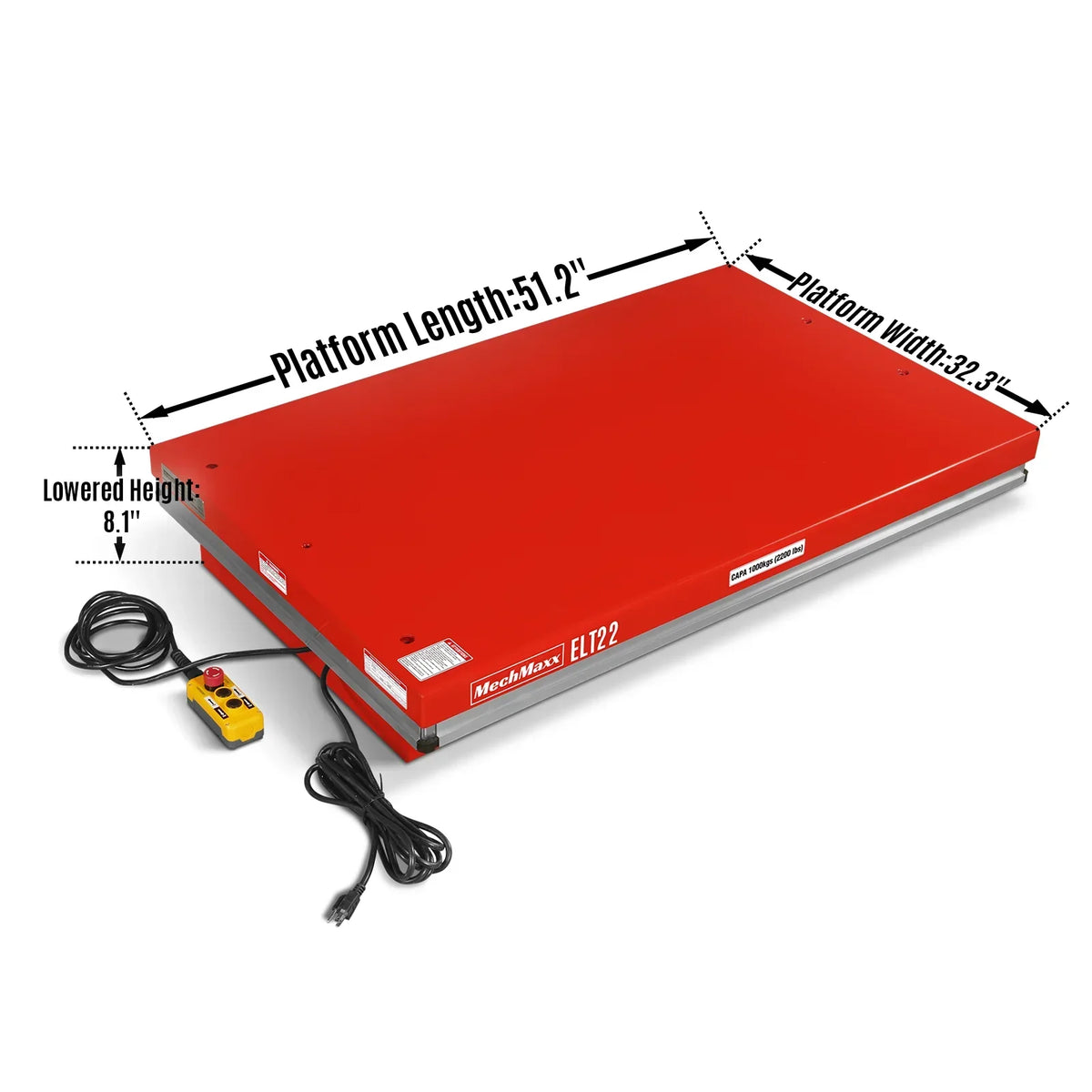 2200lb Capacity Stationary Electric Hydraulic Lift Table ,  51.2" x 32.3" Platform,  39.4" Lift Height , UL Certified Motor,  ELT22