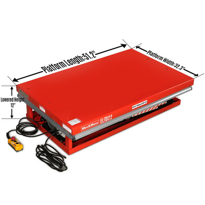 2200 lbs Capacity Stationary Electric Hydraulic Double Scissor Lift Table - 51.2" x 32.3" Platform,  70.1" Lift Height,  UL Certified Motor,  ELTD22