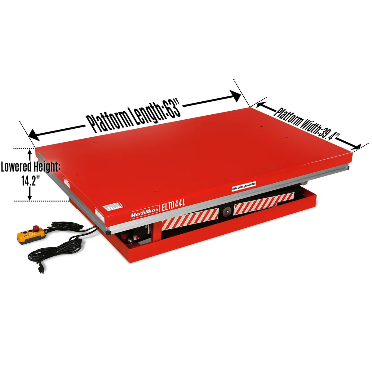 4400 lb Capacity Stationary Electric Hydraulic Double Scissor Lift Table - 63" x 39.4" Platform,  70.1" Lift Height,  UL Certified Motor,  ELTD44L