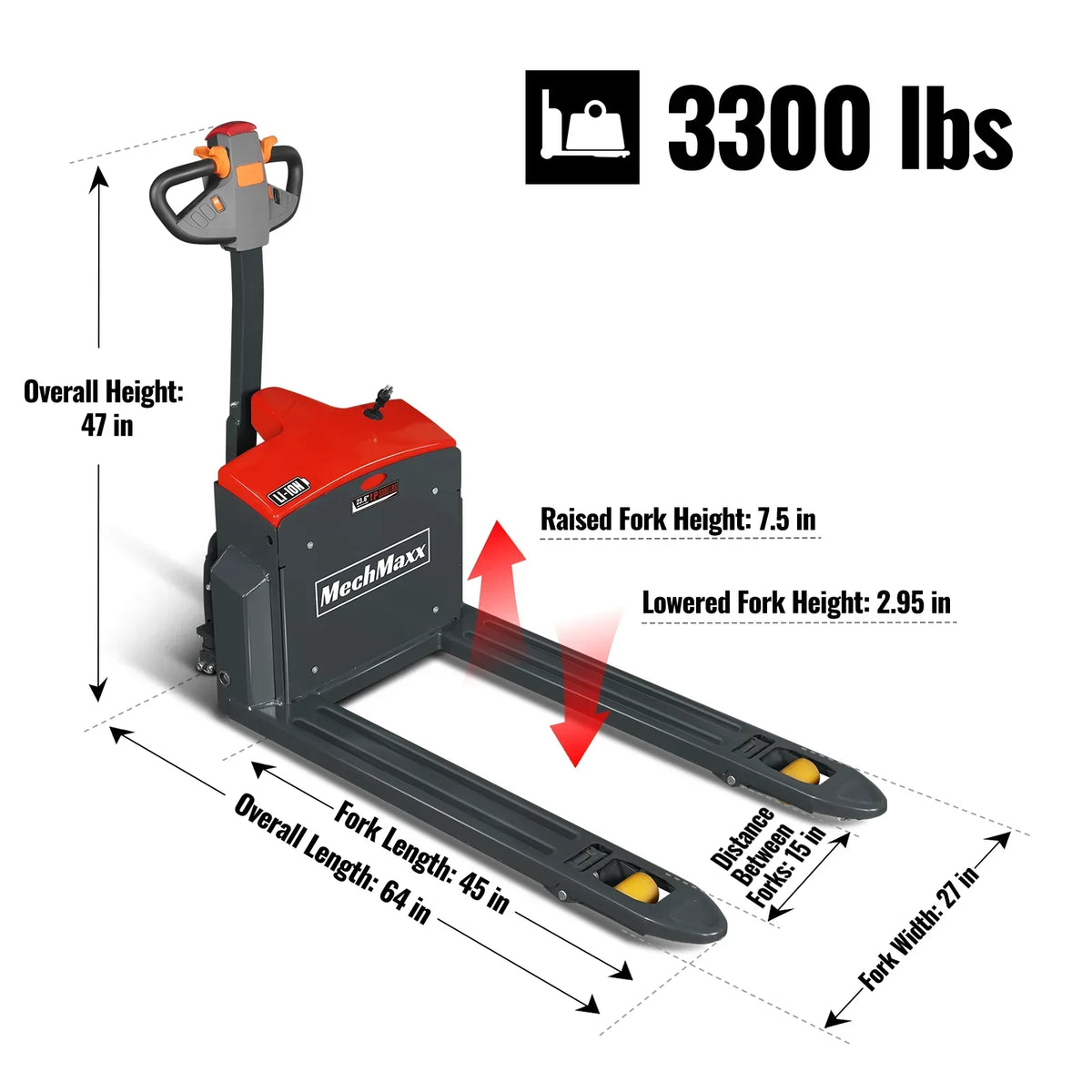 3300lbs Lithium-ion Electric Pallet Jack,  45"x27" Fork,  24V 40Ah Battery,  Walkie Type Truck,  EPT33