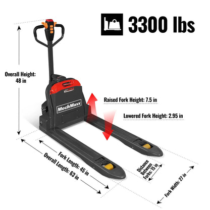 3300lbs Lithium-ion Electric Pallet Jack,  45"x27" Fork,  24V 40Ah Removable Battery,  Walkie Type Truck,  LPT33