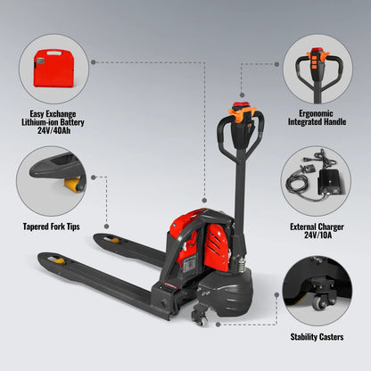 3300lbs Lithium-ion Electric Pallet Jack,  45"x27" Fork,  24V 40Ah Removable Battery,  Walkie Type Truck,  LPT33