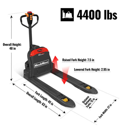 4400lbs Lithium-ion Electric Pallet Jack,  45"x27" Fork,  48V 30Ah Removable Battery,  Walkie Type Truck,  LPT44