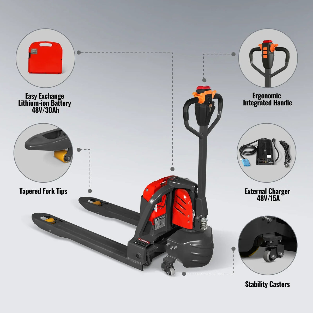 4400lbs Lithium-ion Electric Pallet Jack,  45"x27" Fork,  48V 30Ah Removable Battery,  Walkie Type Truck,  LPT44