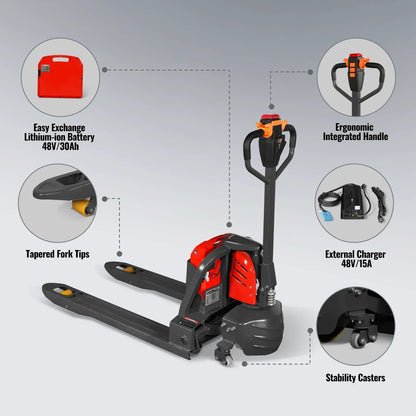4400lbs Lithium-ion Electric Pallet Jack,  45"x27" Fork,  48V 30Ah Removable Battery,  Walkie Type Truck,  LPT44