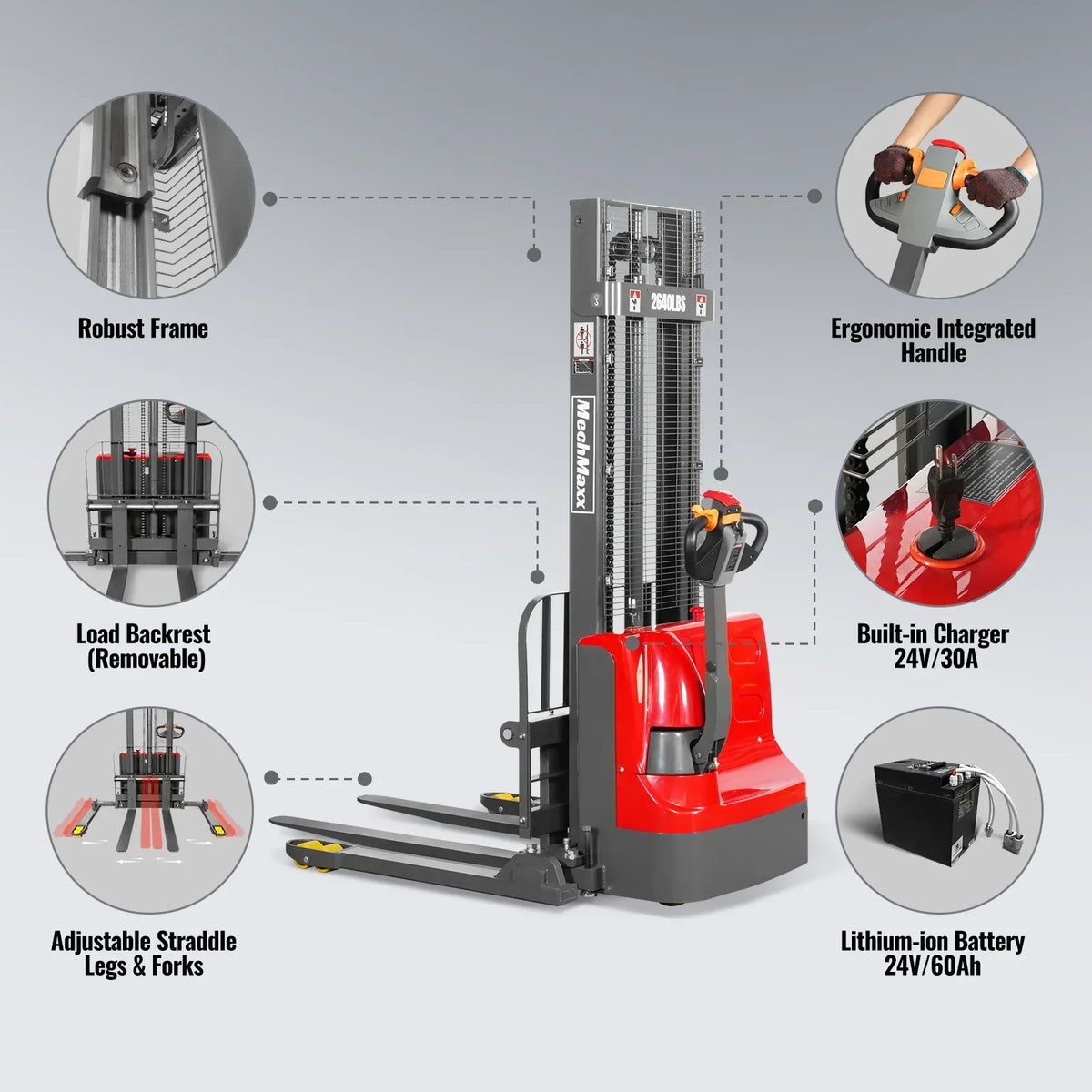 2640lbs Lithium-ion Electric Straddle Stacker,  118" Lift,  Adjustable Legs & Forks,  F26-118S