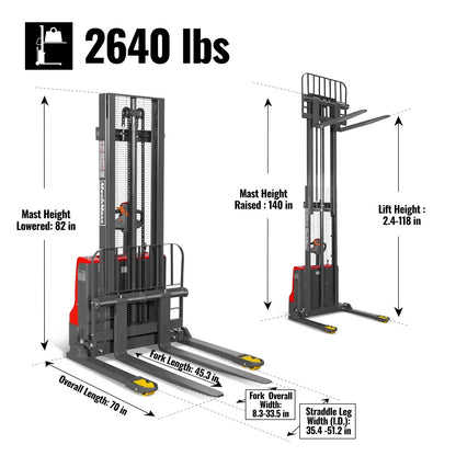 2640lbs Lithium-ion Electric Straddle Stacker,  118" Lift,  Adjustable Legs & Forks,  F26-118S