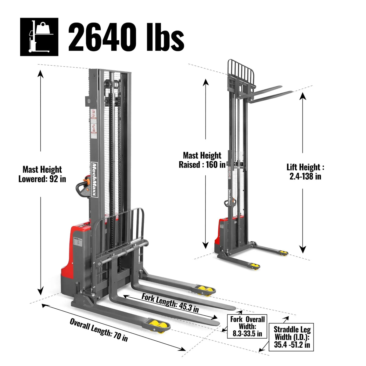 2640lbs Lithium-ion Electric Straddle Stacker,  138" Lift,  Adjustable Legs & Forks,  F26-138S