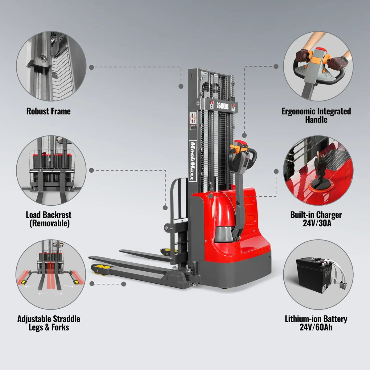 2640lbs Lithium-ion Electric Straddle Stacker,  98" Lift,  Adjustable Legs & Forks,  F26-98S