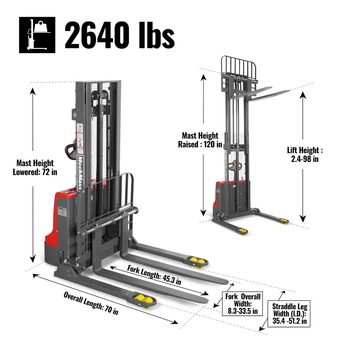 2640lbs Lithium-ion Electric Straddle Stacker,  98" Lift,  Adjustable Legs & Forks,  F26-98S