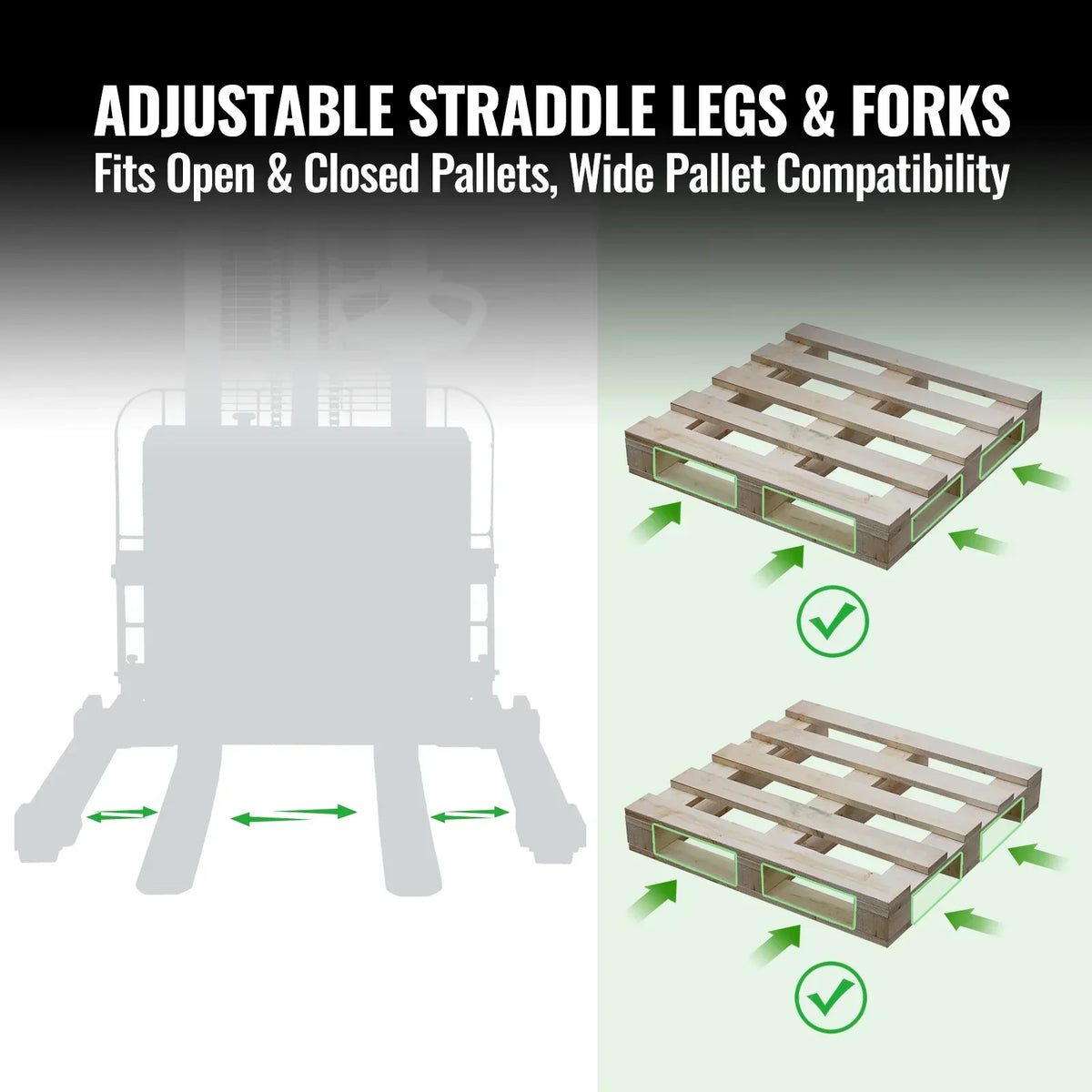 2640lbs Lithium-ion Electric Straddle Stacker,  118" Lift,  Adjustable Legs & Forks,  F26-118S