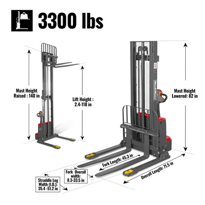 3300lbs Electric Straddle Stacker,  118" Lift,  Adjustable Legs & Forks,  F33-118SLA