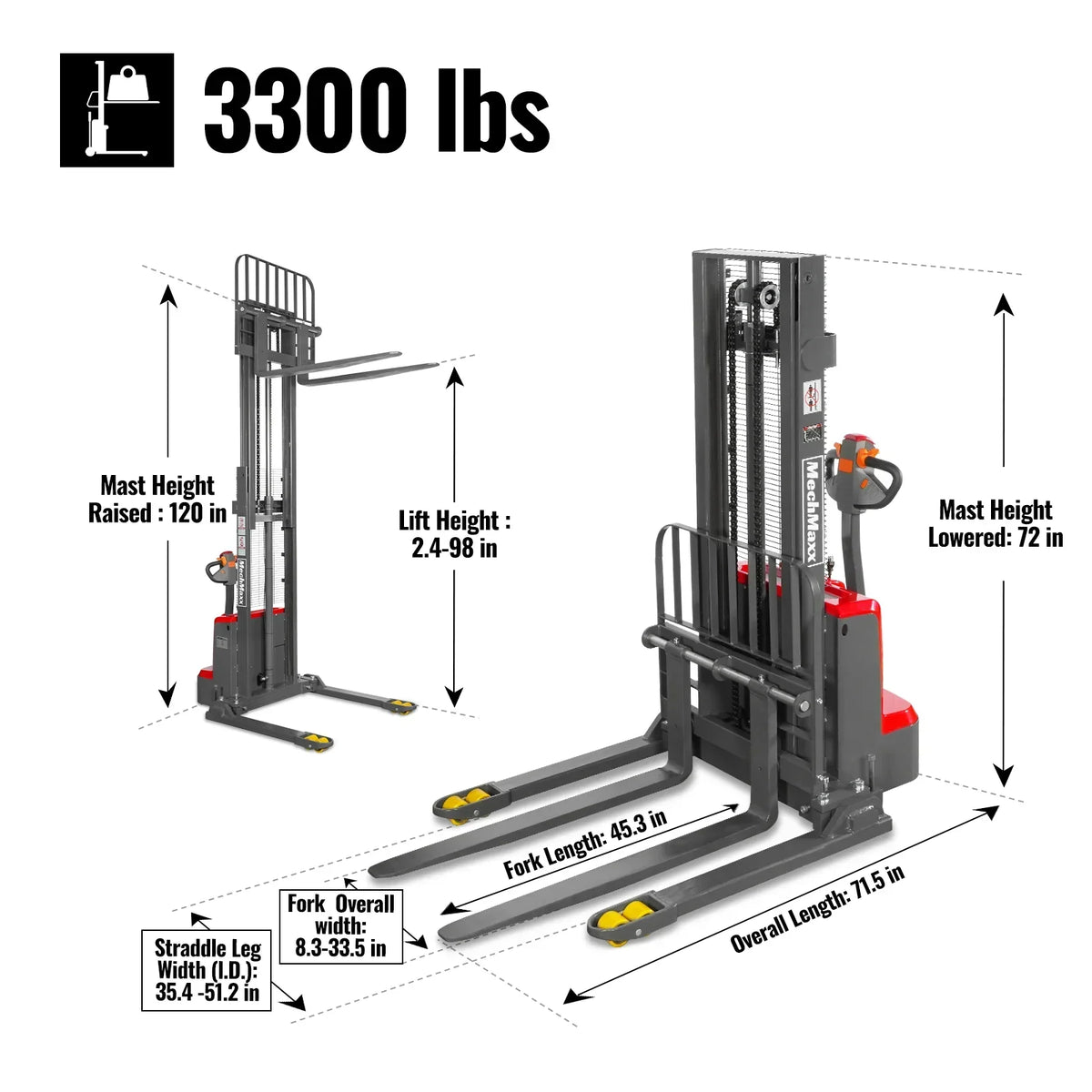 3300lbs Electric Straddle Stacker,  98" Lift,  Adjustable Legs & Forks,  F33-98SLA