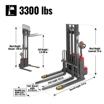 3300lbs Lithium-ion Electric Straddle Stacker,  98" Lift,  Adjustable Legs & Forks,  F33-98S