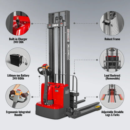 3300lbs Lithium-ion Electric Straddle Stacker,  138" Lift,  Adjustable Legs & Forks,  F33-138S