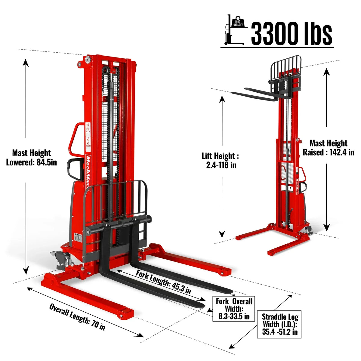3300lbs Semi-Electric Straddle Stacker,  118" Lift,  Adjustable Legs & Forks,  S33-118S