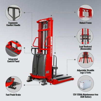 3300lbs Semi-Electric Straddle Stacker,  118" Lift,  Adjustable Legs & Forks,  S33-118S