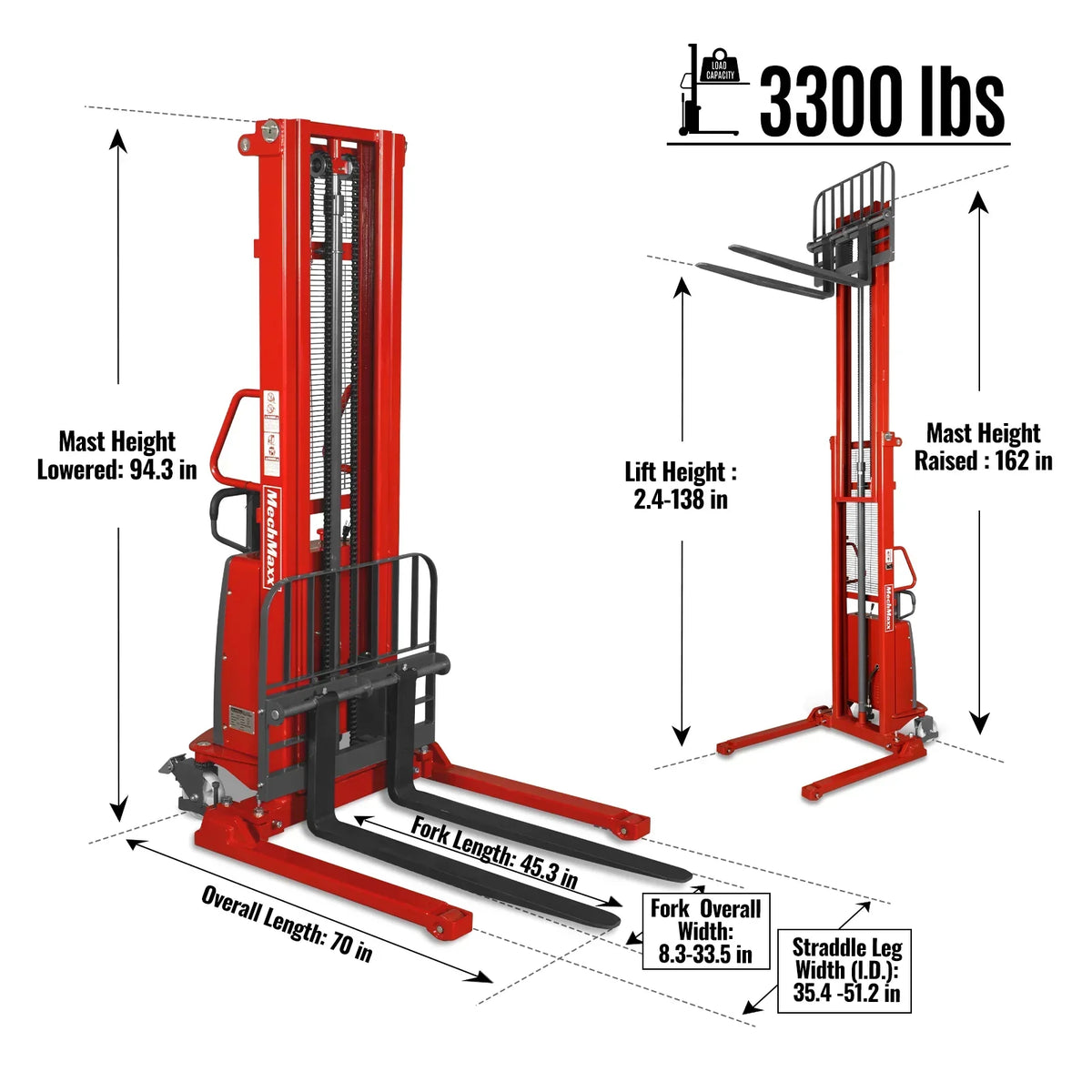 3300lbs Semi-Electric Straddle Stacker,  138" Lift,  Adjustable Legs & Forks,  S33-138S