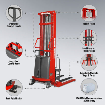 3300lbs Semi-Electric Straddle Stacker,  138" Lift,  Adjustable Legs & Forks,  S33-138S