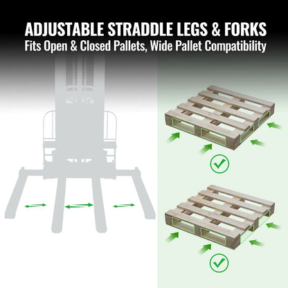 3300lbs Semi-Electric Straddle Stacker,  138" Lift,  Adjustable Legs & Forks,  S33-138S