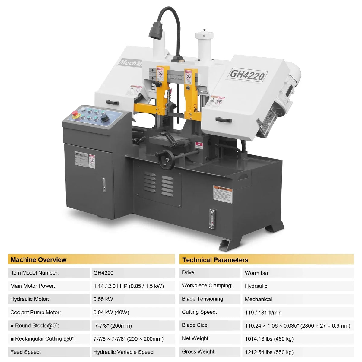 8 Inch 7-7/8" x 7-7/8" Capacity Double Column Horizontal Metal Cutting Band Saw, Vertical Lifting, Gearbox Driven Two-Speed Motor, Hydraulic Feed, Manual Clamping, Coolant System Industrial Bandsaw GH4220