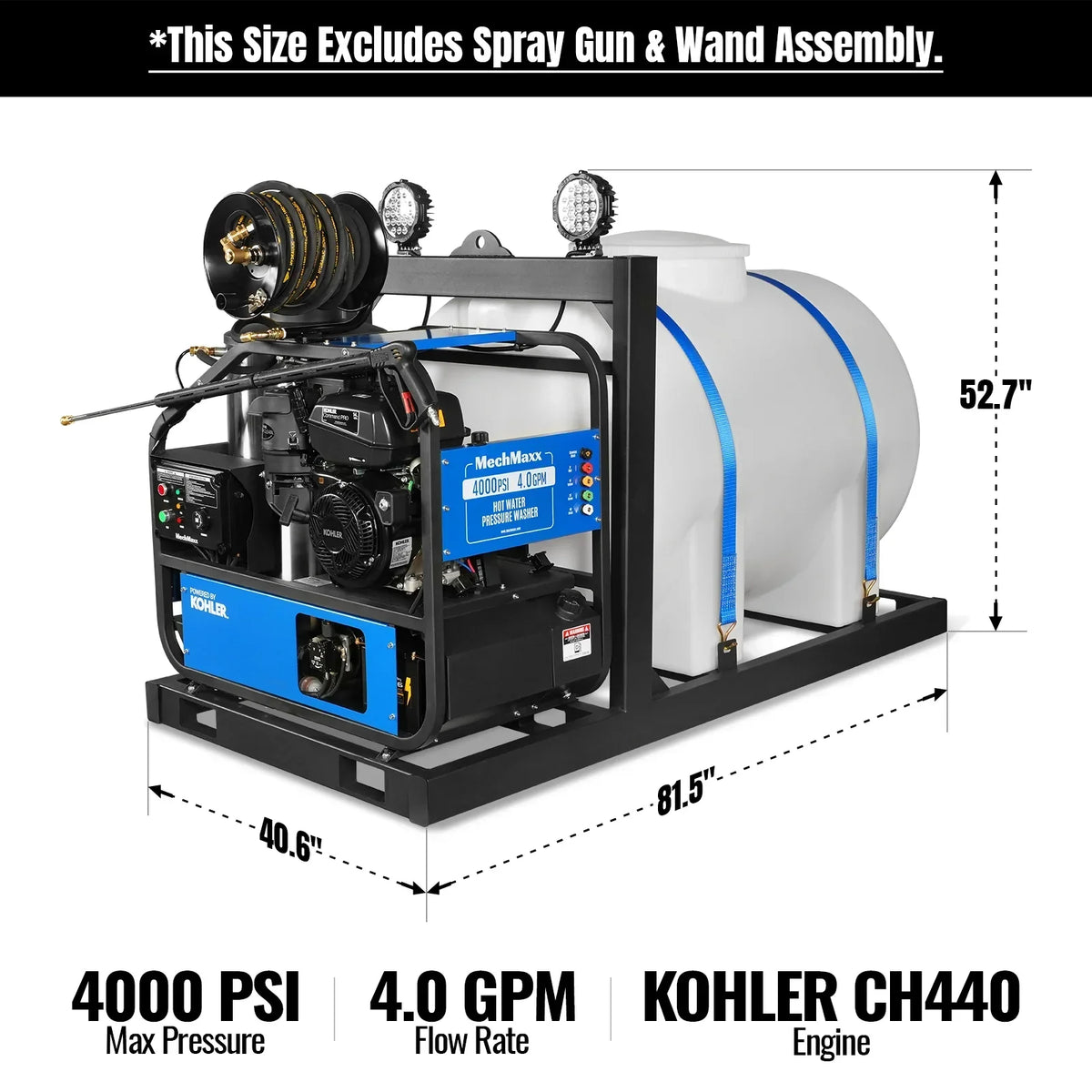4000 PSI 4 GPM KOHLER E-Start Engine Hot Water Pressure Washer Skid Mounted with 245 Gal Tank,  HPW40KBT