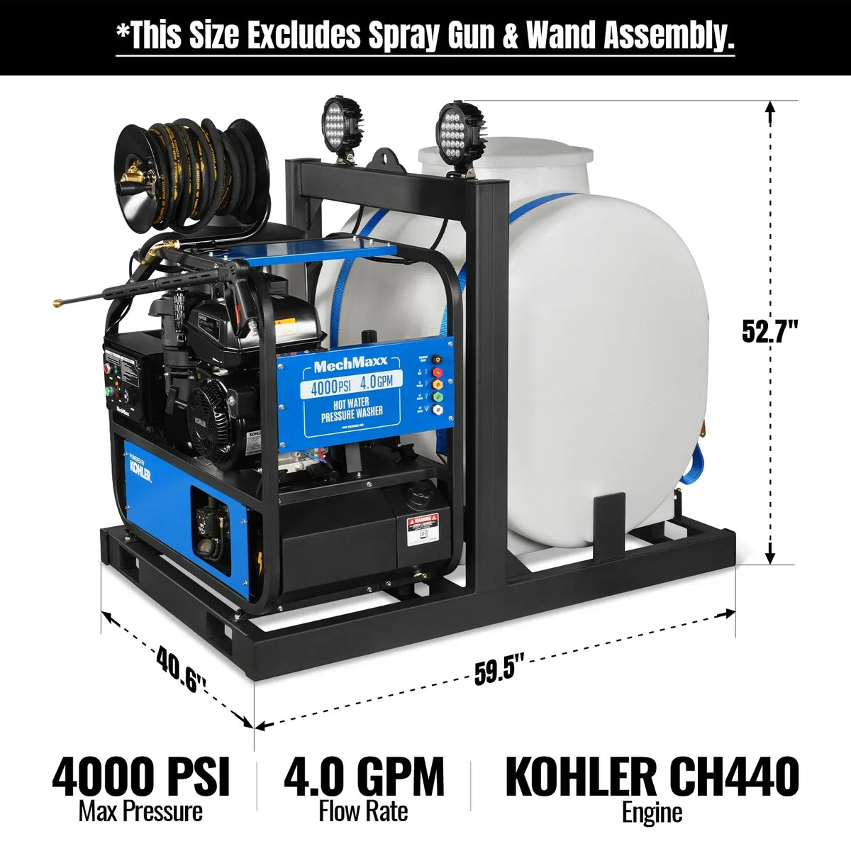 4000 PSI 4 GPM KOHLER E-Start Engine Hot Water Pressure Washer Skid Mounted with 175 Gal Tank,  HPW40KT