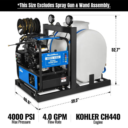4000 PSI 4 GPM KOHLER E-Start Engine Hot Water Pressure Washer Skid Mounted with 175 Gal Tank,  HPW40KT