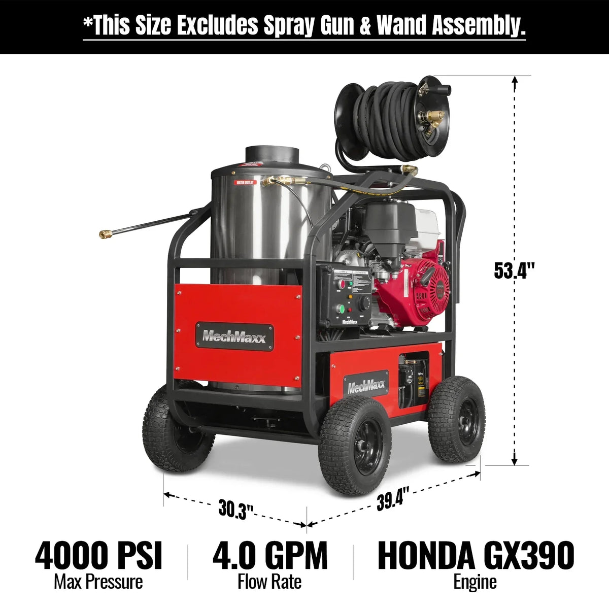 4000 PSI 4 GPM HONDA E-Start Engine Hot Water Pressure Washer with Hose Reel,  HPW40H