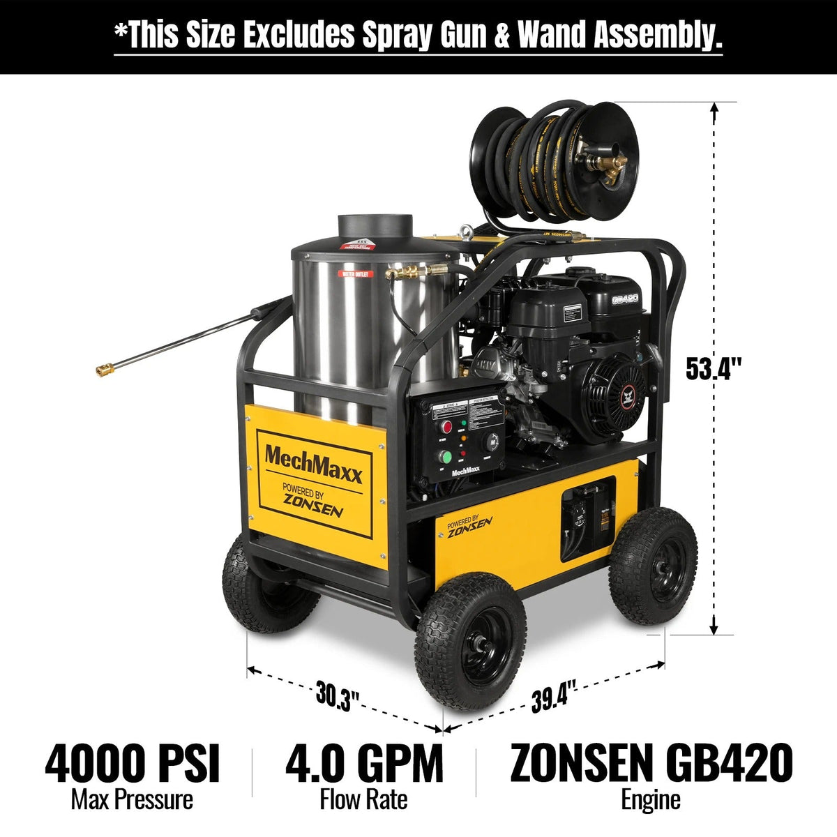 4000 PSI 4 GPM ZONSEN E-Start Engine Hot Water Pressure Washer with Hose Reel,  HPW40D