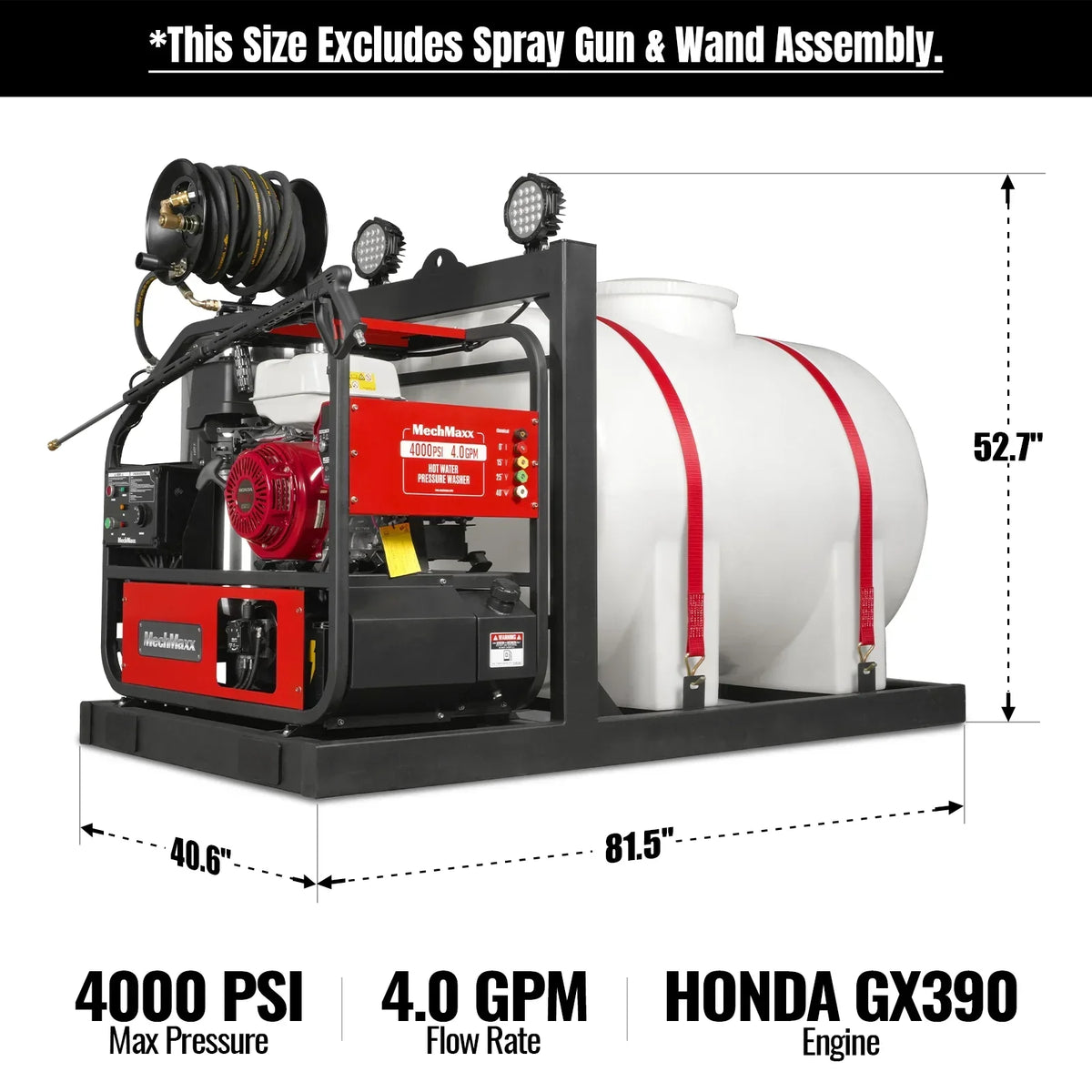 4000 PSI 4 GPM HONDA E-Start Engine Hot Water Pressure Washer Skid Mounted with 245 Gal Tank,  HPW40HBT