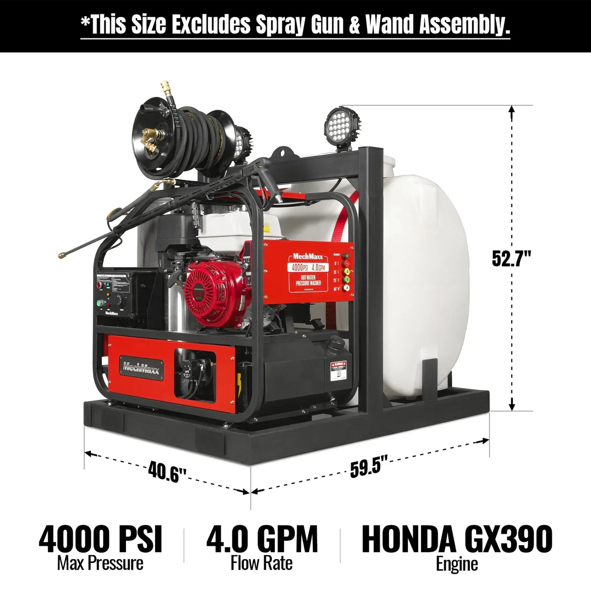 4000 PSI 4 GPM HONDA E-Start Engine Hot Water Pressure Washer Skid Mounted with 175 Gal Tank,  HPW40HT