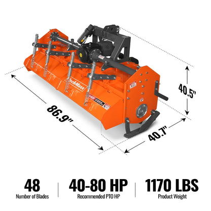 80 in Heavy Duty Rotary Tiller,  3 Point Hitch Cat.2,  Gear Drive,  PTO Shaft Included with Slip Clutch,  40-80 HP,  HRT80