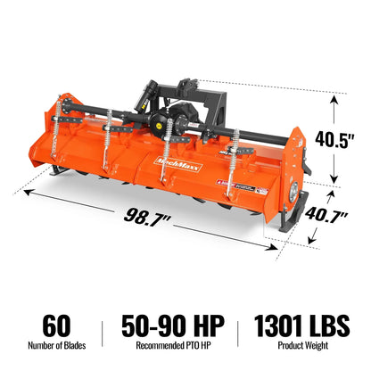 90 in Heavy Duty Rotary Tiller,  3 Point Hitch Cat.2,  Gear Drive,  PTO Shaft Included with Slip Clutch,  50-90 HP,  HRT90