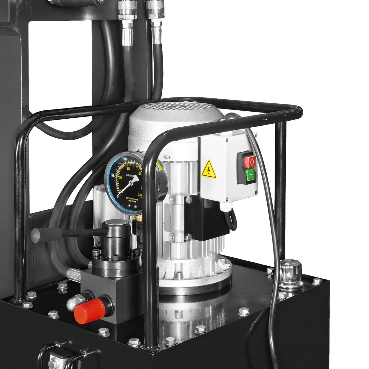 150 Ton H-Frame Electric Hydraulic Shop Press with Double-Acting Cylinder & Chain-Driven Table Lift,  110V Motor,  Fully Welded Steel Frame,  Safety Guard,  HSP150E