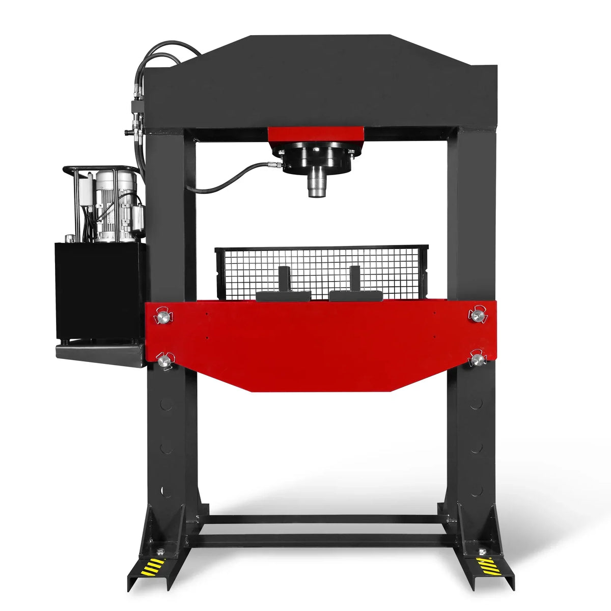 150 Ton H-Frame Electric Hydraulic Shop Press with Double-Acting Cylinder & Chain-Driven Table Lift,  110V Motor,  Fully Welded Steel Frame,  Safety Guard,  HSP150E