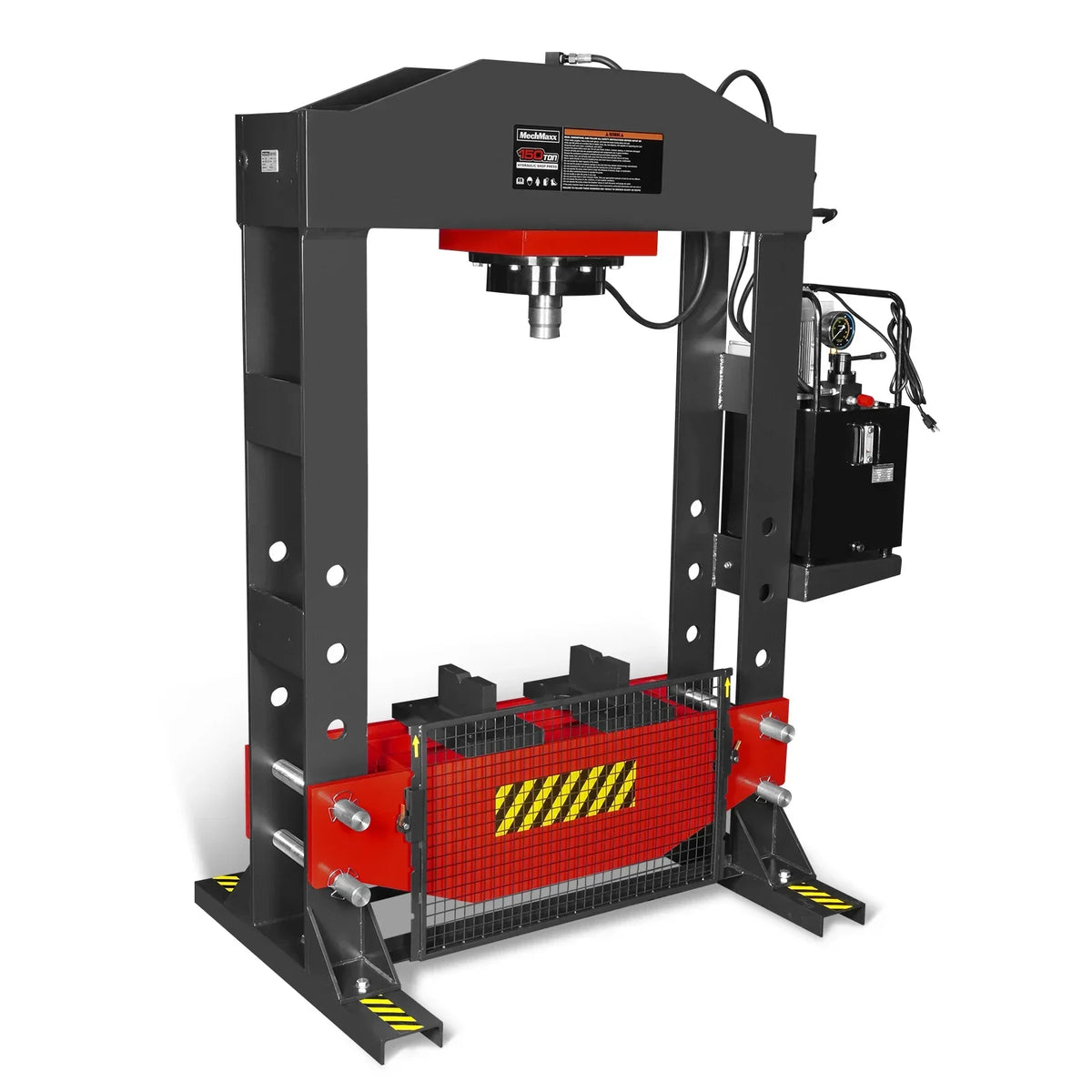 150 Ton H-Frame Electric Hydraulic Shop Press with Double-Acting Cylinder & Chain-Driven Table Lift,  110V Motor,  Fully Welded Steel Frame,  Safety Guard,  HSP150E