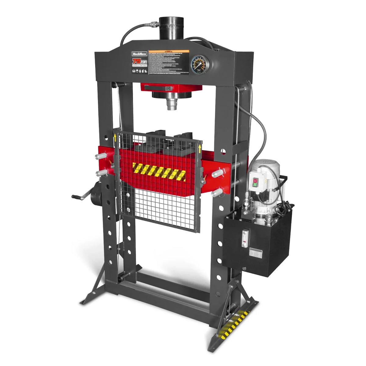75 Ton H-Frame Electric Hydraulic Shop Press with Hand Winch, 110V Motor, Fully Welded Steel Frame, Safety Guard, HSP75E